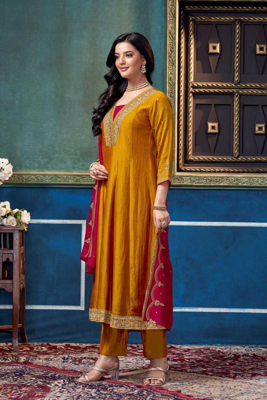 Vichitra Silk Anarkali Suit (Mustard) UNV-ST-019