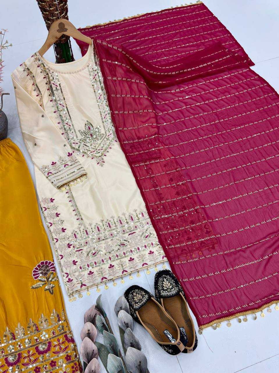 Heavy Embroidered Sharara Salwar Silk Suit (Beige) UNV-ST-035