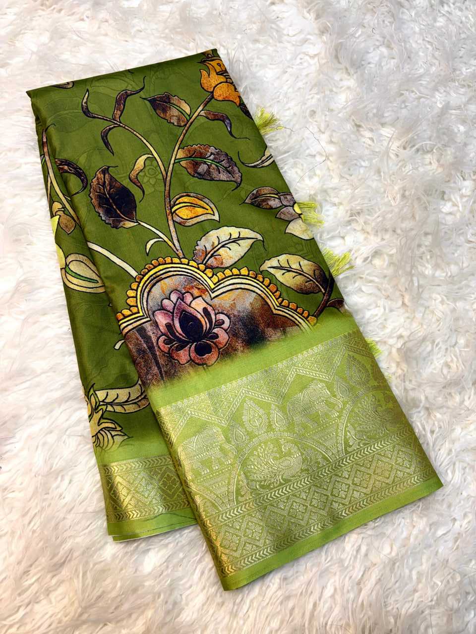 Printed Kalamkari zari Saree (Mehndi) UNV-SR-017