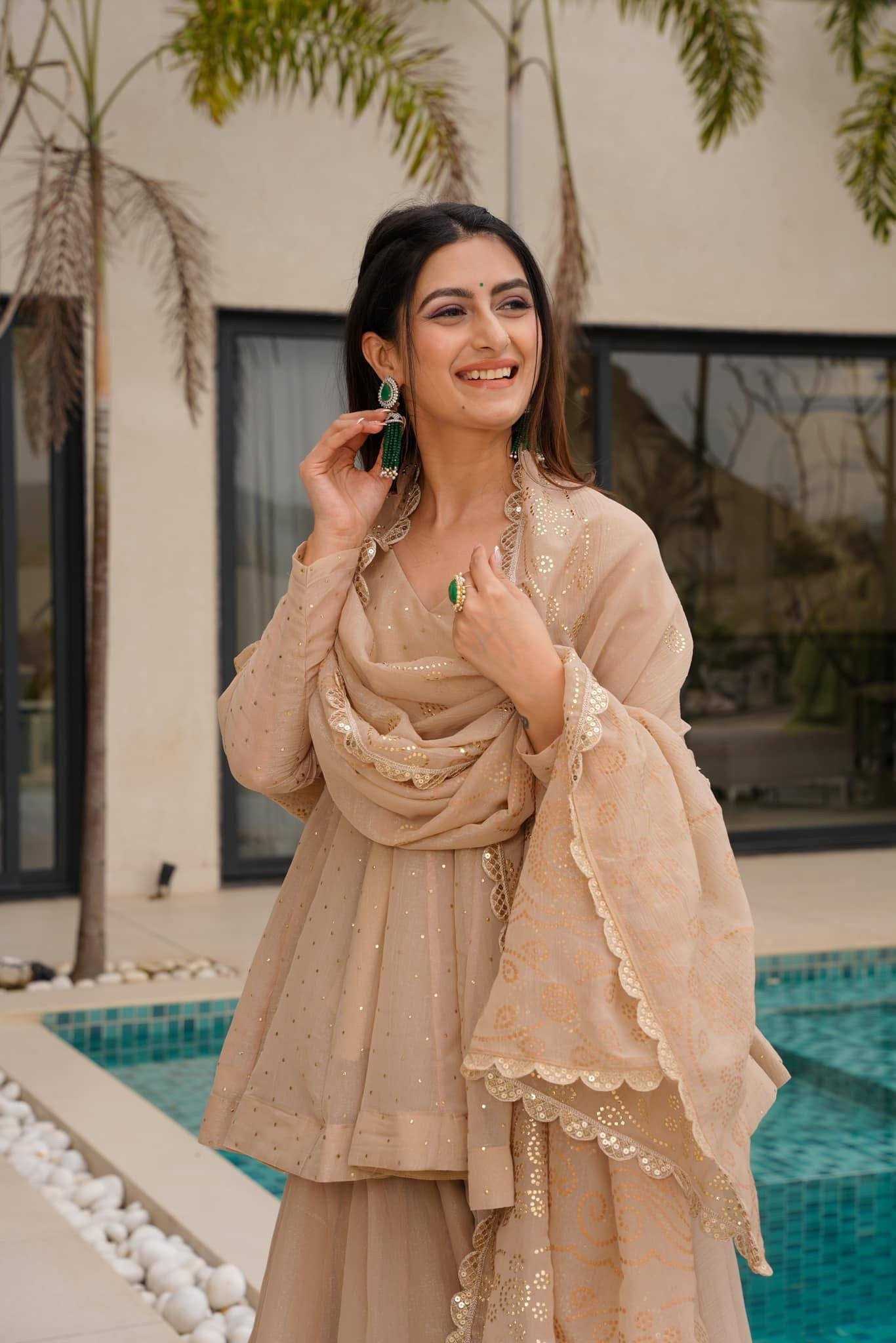 Tabby Organza Silk Sharara Salwar Suit (Beige) UNV-ST-037