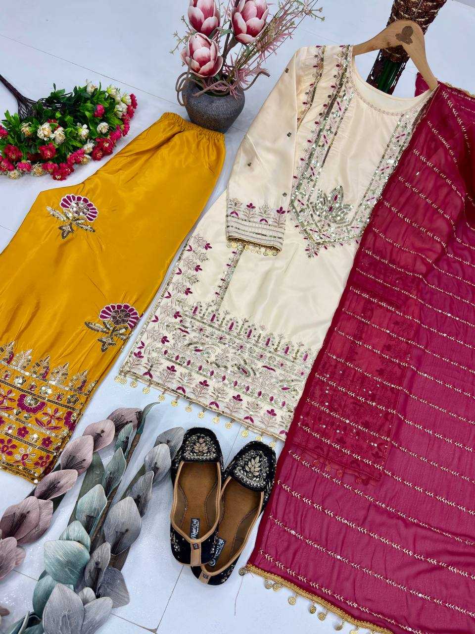 Heavy Embroidered Sharara Salwar Silk Suit (Beige) UNV-ST-035