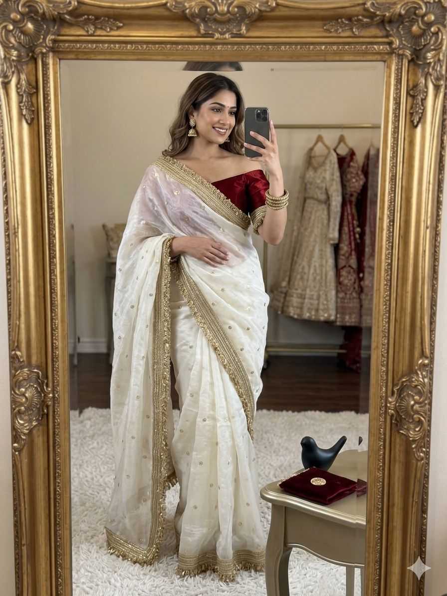 Satin Designer Ghazal saree (White) UNV-SR-022
