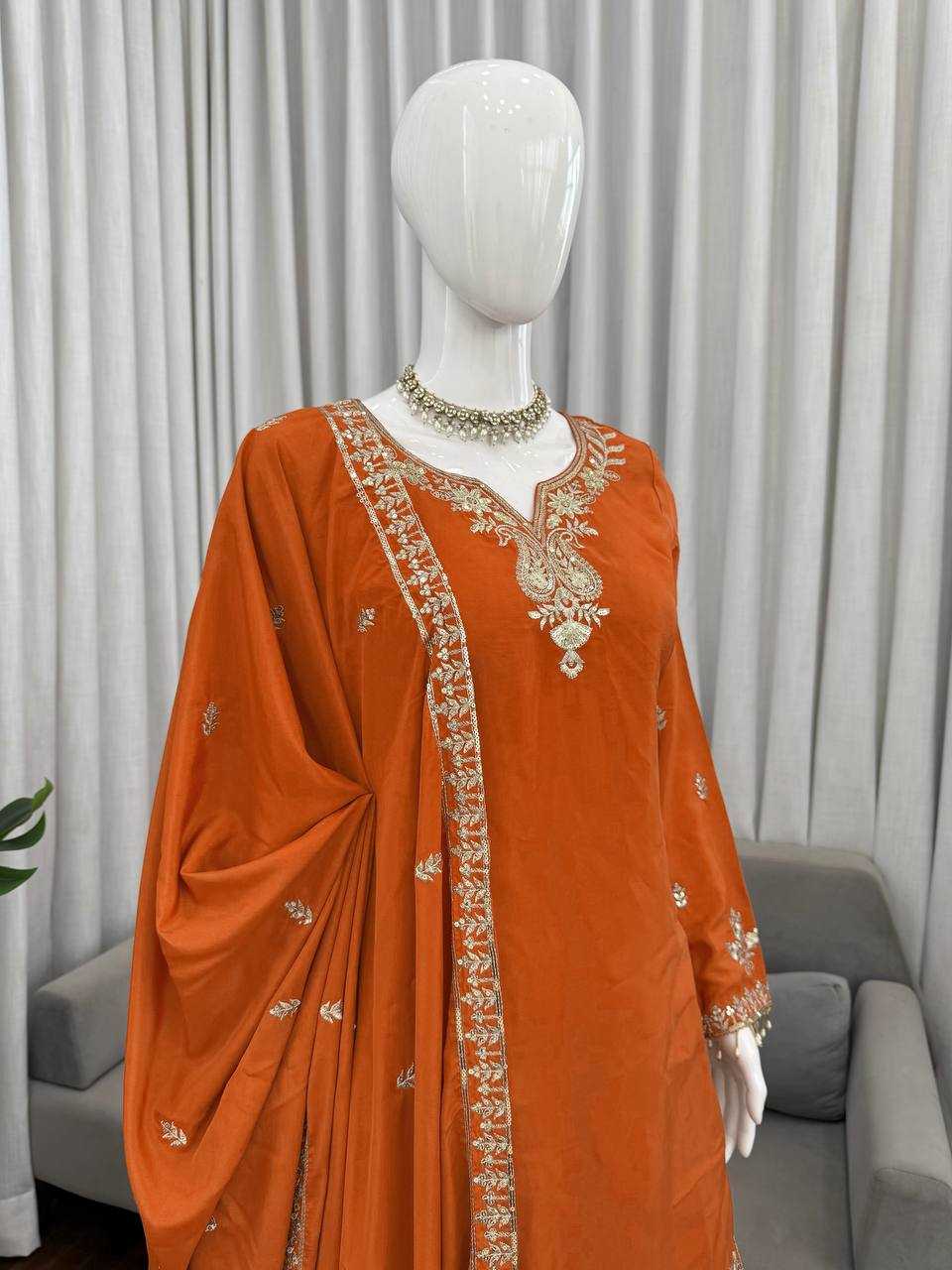 Crepe Party Wear Sharara Salwar Suit (Orange) UNV-ST-038
