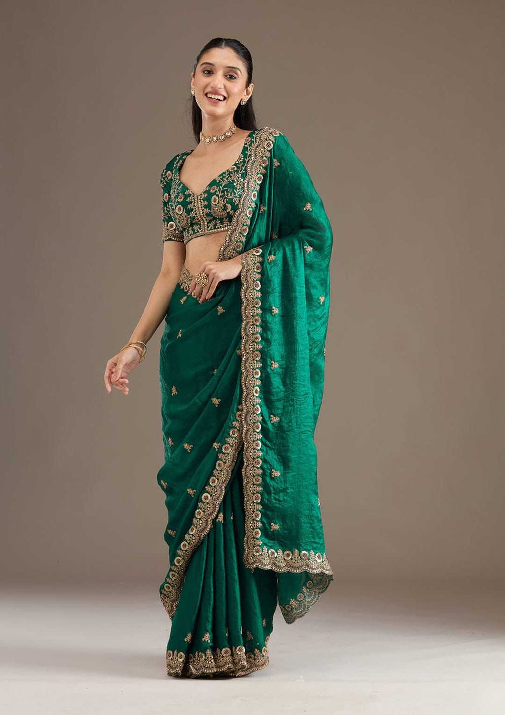 Chiffon Sequin Embroidered Saree(Bottle Green) UNV-SR-001