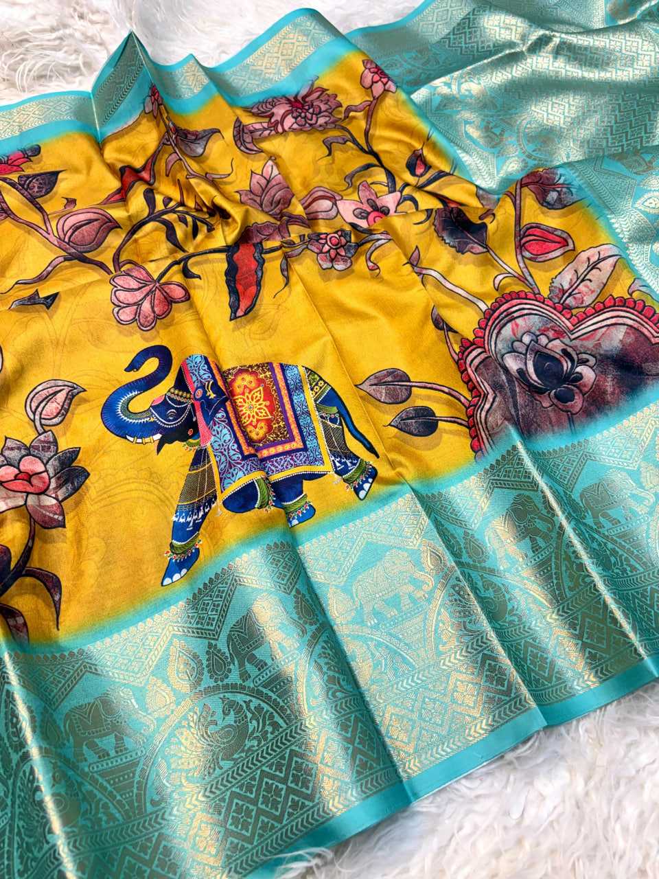 Printed Kalamkari zari Saree (Yellow) UNV-SR-017