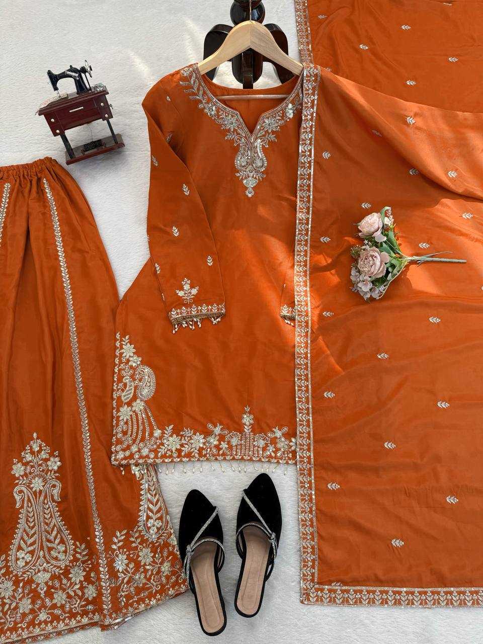 Crepe Party Wear Sharara Salwar Suit (Orange) UNV-ST-038