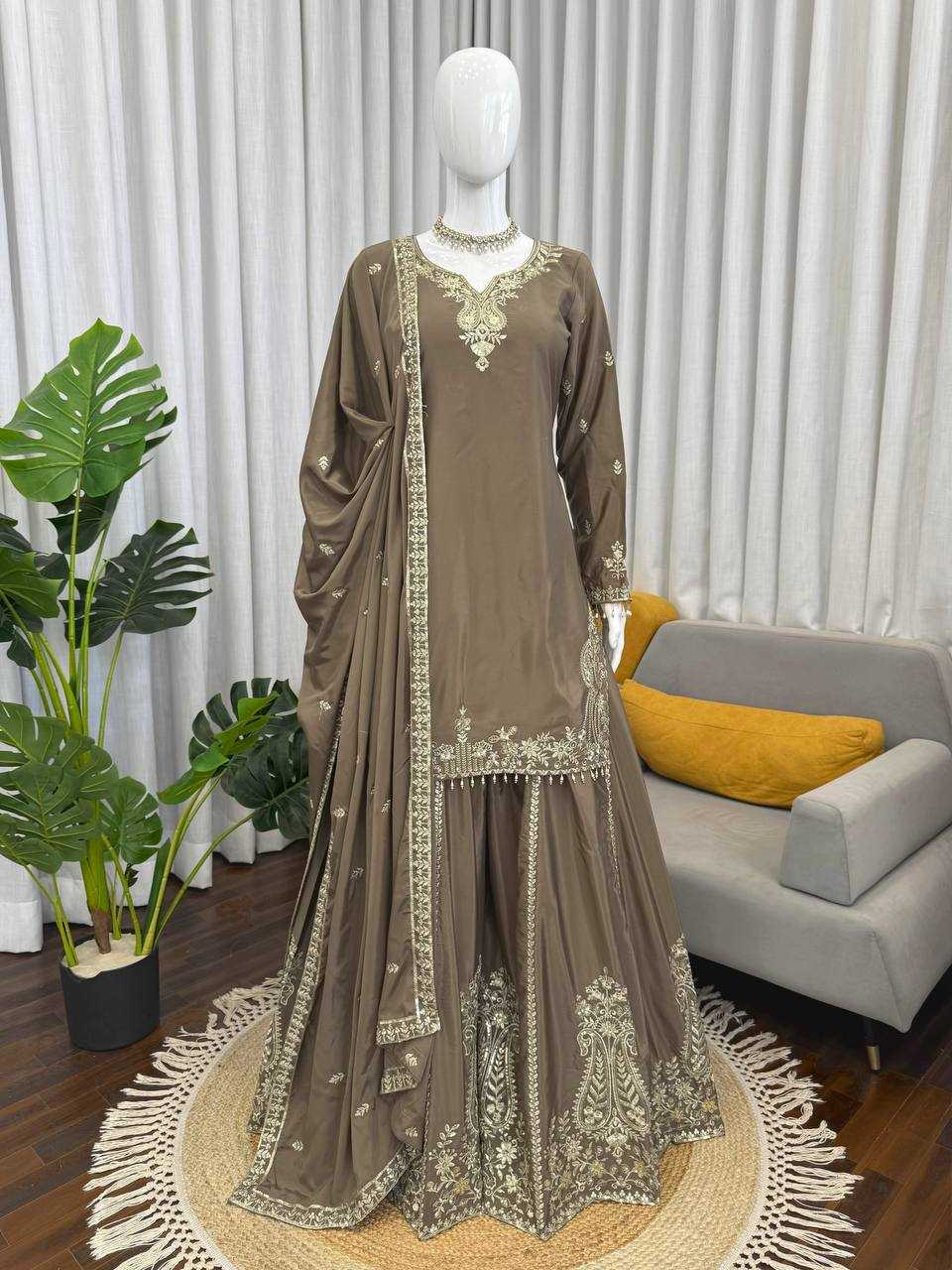 Crepe Party Wear Sharara Salwar Suit (Gray) UNV-ST-038