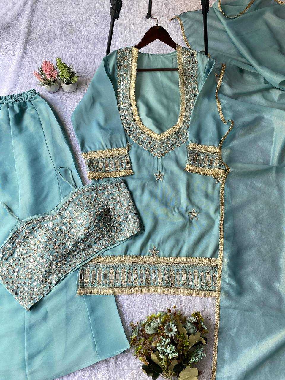 Designer Embroidered Plazzo Suit (Sky) UNV-ST-001