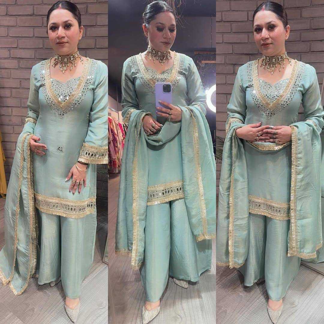 Designer Embroidered Plazzo Suit (Sky) UNV-ST-001