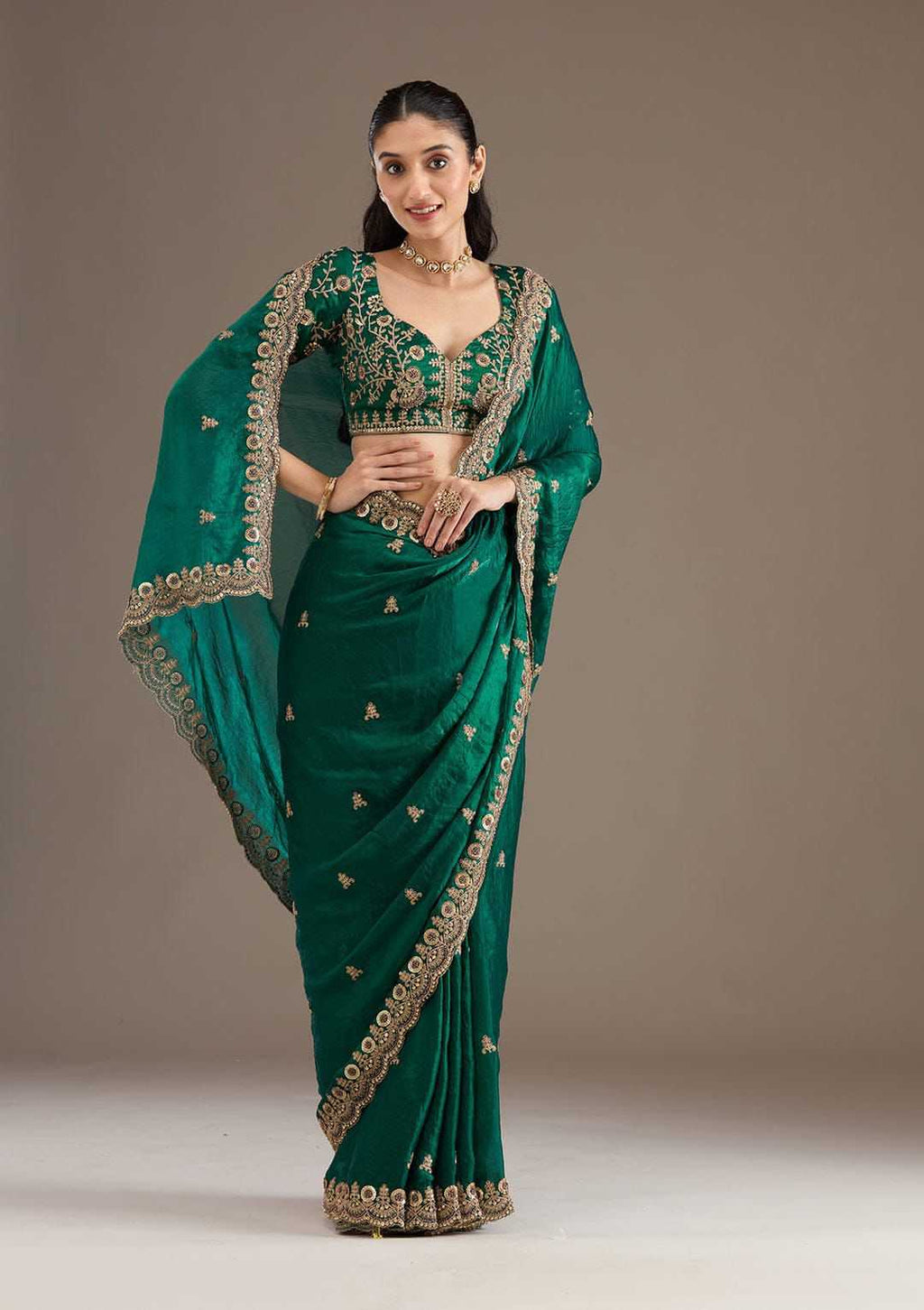 Chiffon Sequin Embroidered Saree(Bottle Green) UNV-SR-001