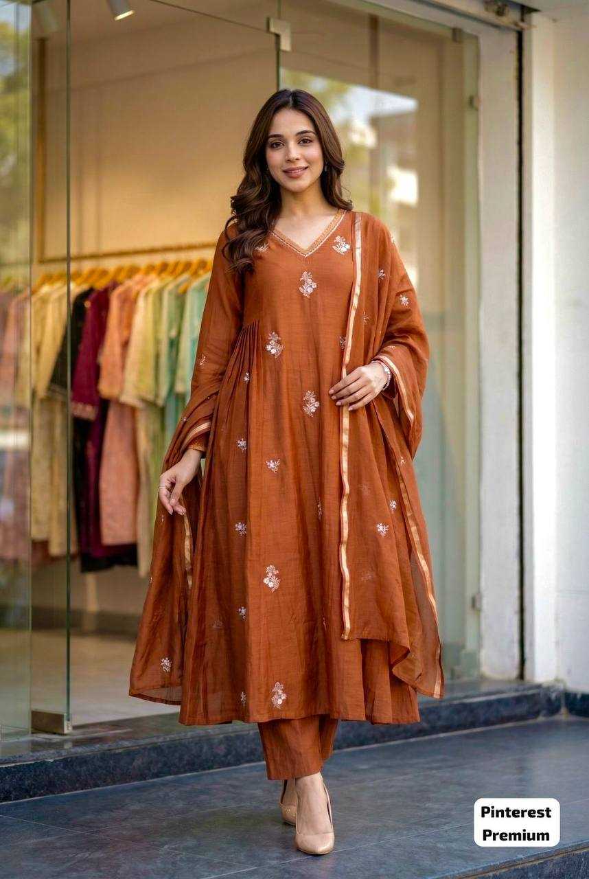 Premium Silk Anarkali Embroidered Suit (Brown Rust) UNV-ST-028