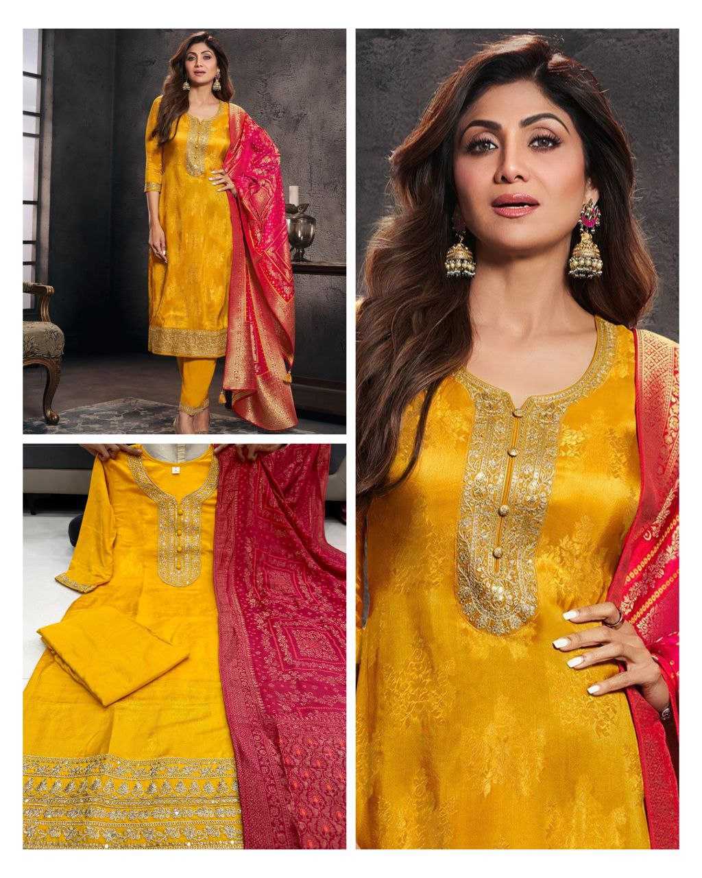 Banarasi Soft Silk Zari Haldi suit UNV-ST-036