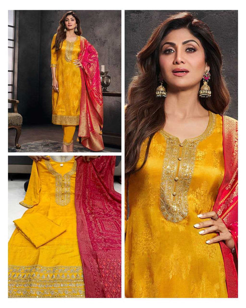 Banarasi Soft Silk Zari Haldi suit UNV-ST-036