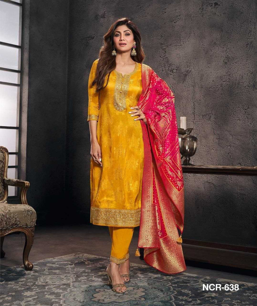 Banarasi Soft Silk Zari Haldi suit UNV-ST-036