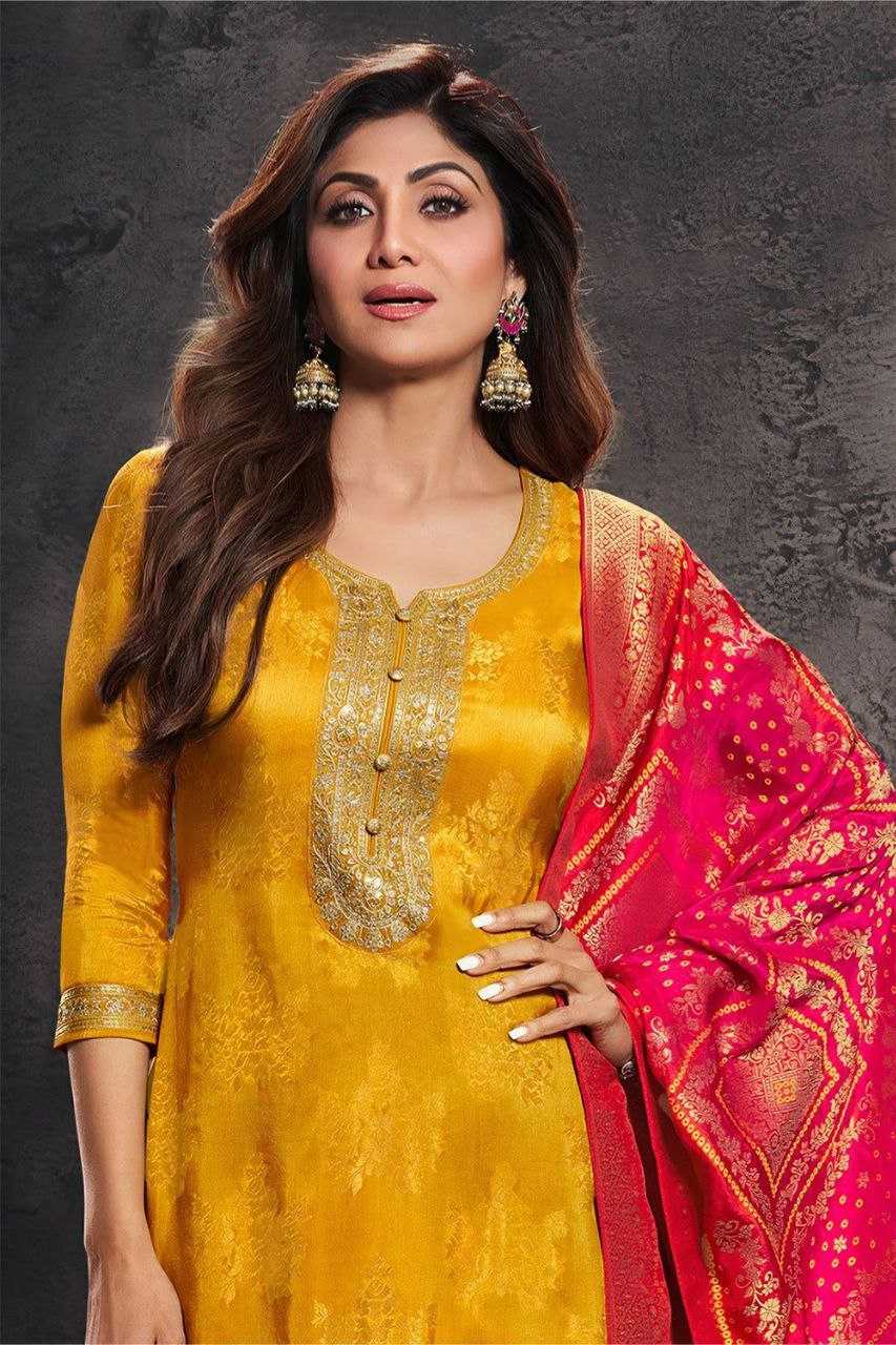Banarasi Soft Silk Zari Haldi suit UNV-ST-036