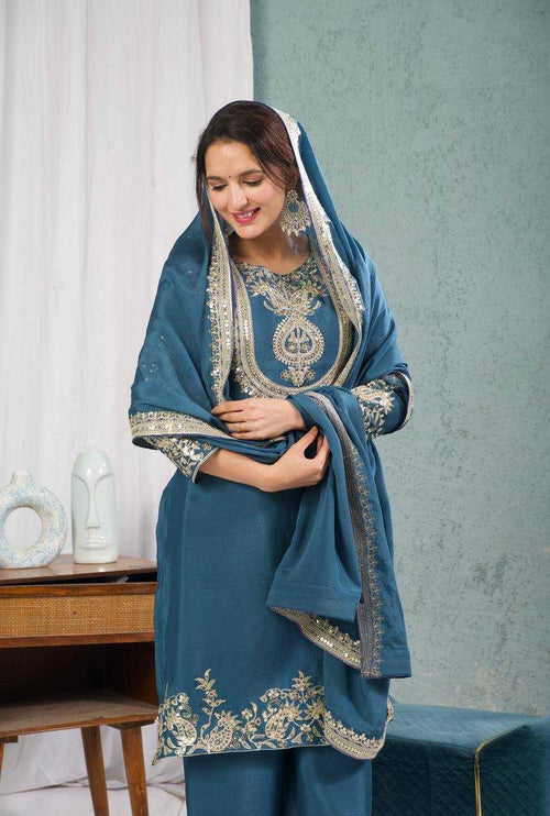 Chinon Silk Suit (Peacock Blue) UNV-ST-004