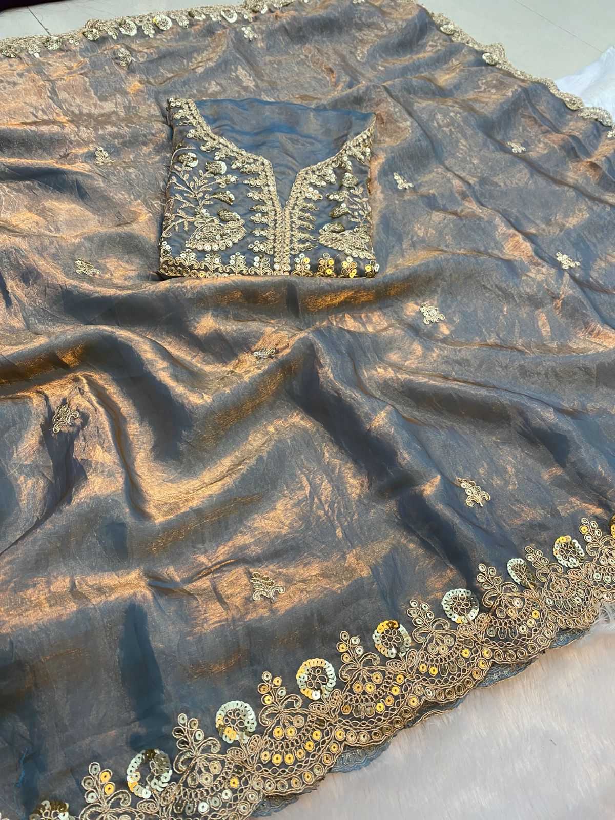 Chiffon Sequin Embroidered Saree (Grey) UNV-SR-001