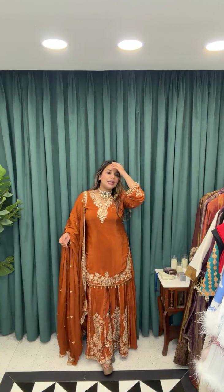 Crepe Party Wear Sharara Salwar Suit (Orange) UNV-ST-038