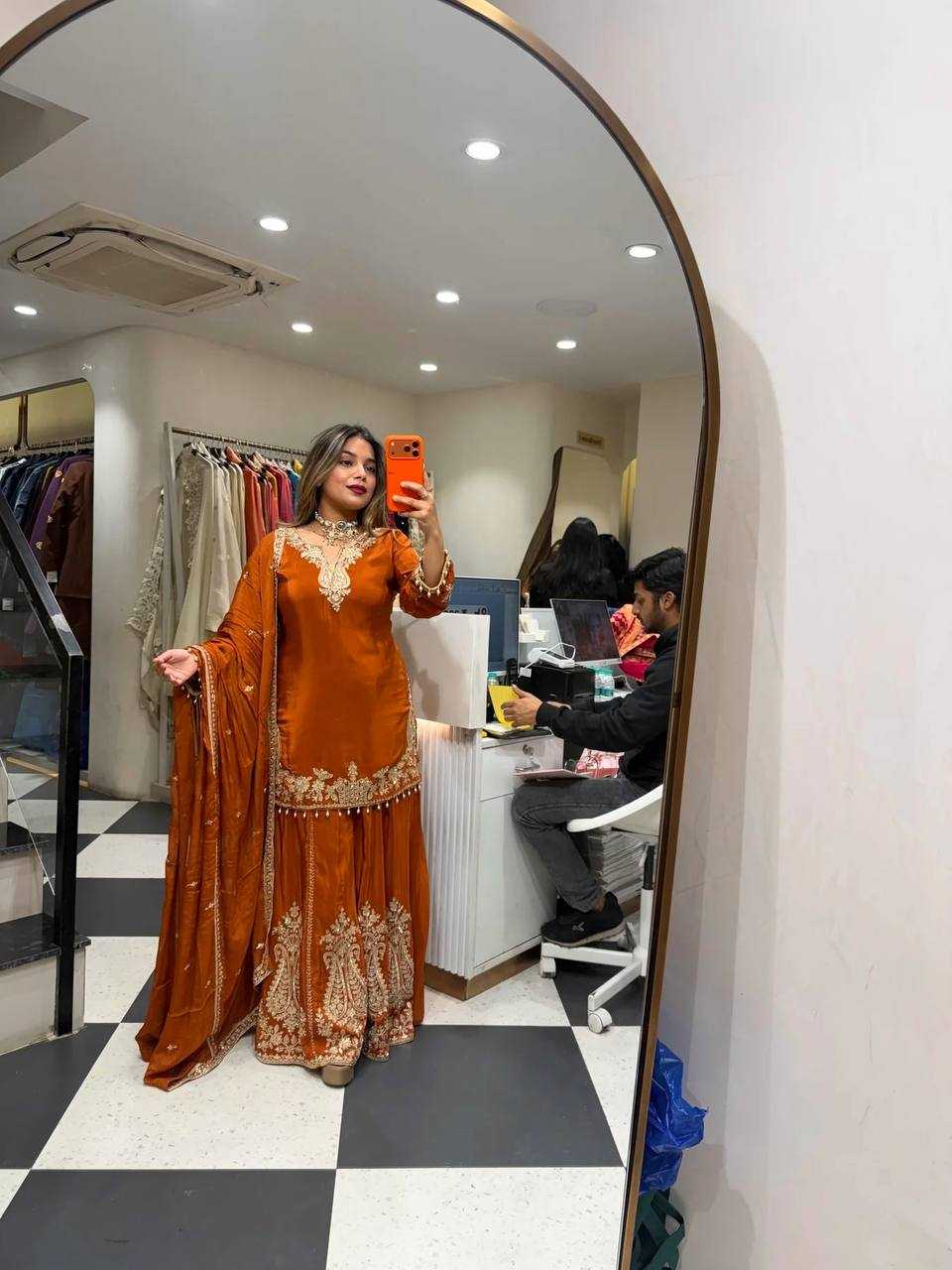 Crepe Party Wear Sharara Salwar Suit (Orange) UNV-ST-038