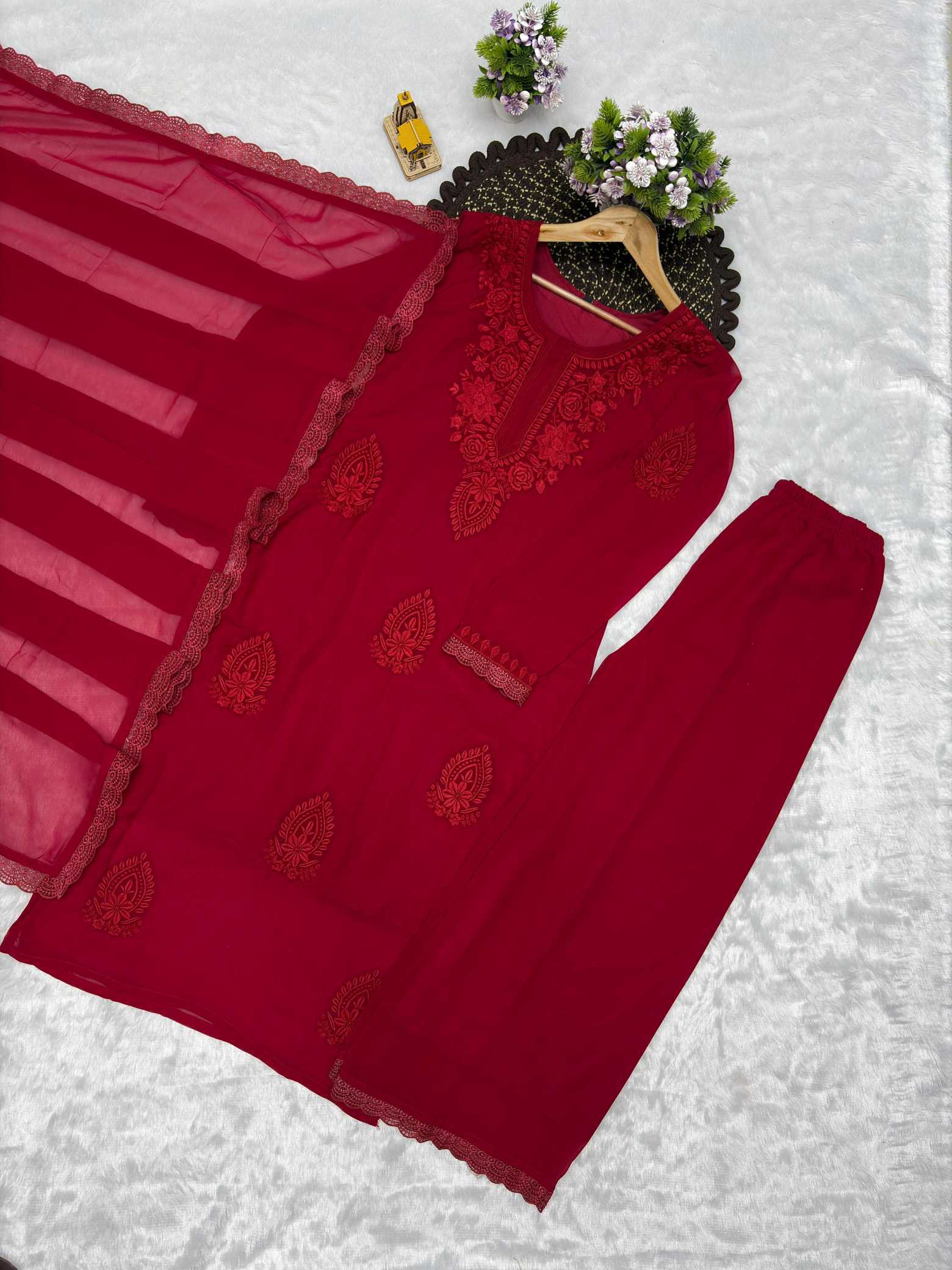 Faux Georgette Embroidered Suit (Maroon) UNV-ST-005