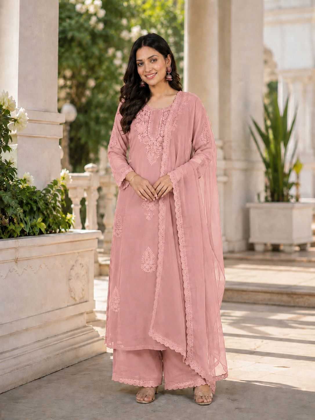 Faux Georgette Embroidered Suit (Peach)- UNV-ST-005