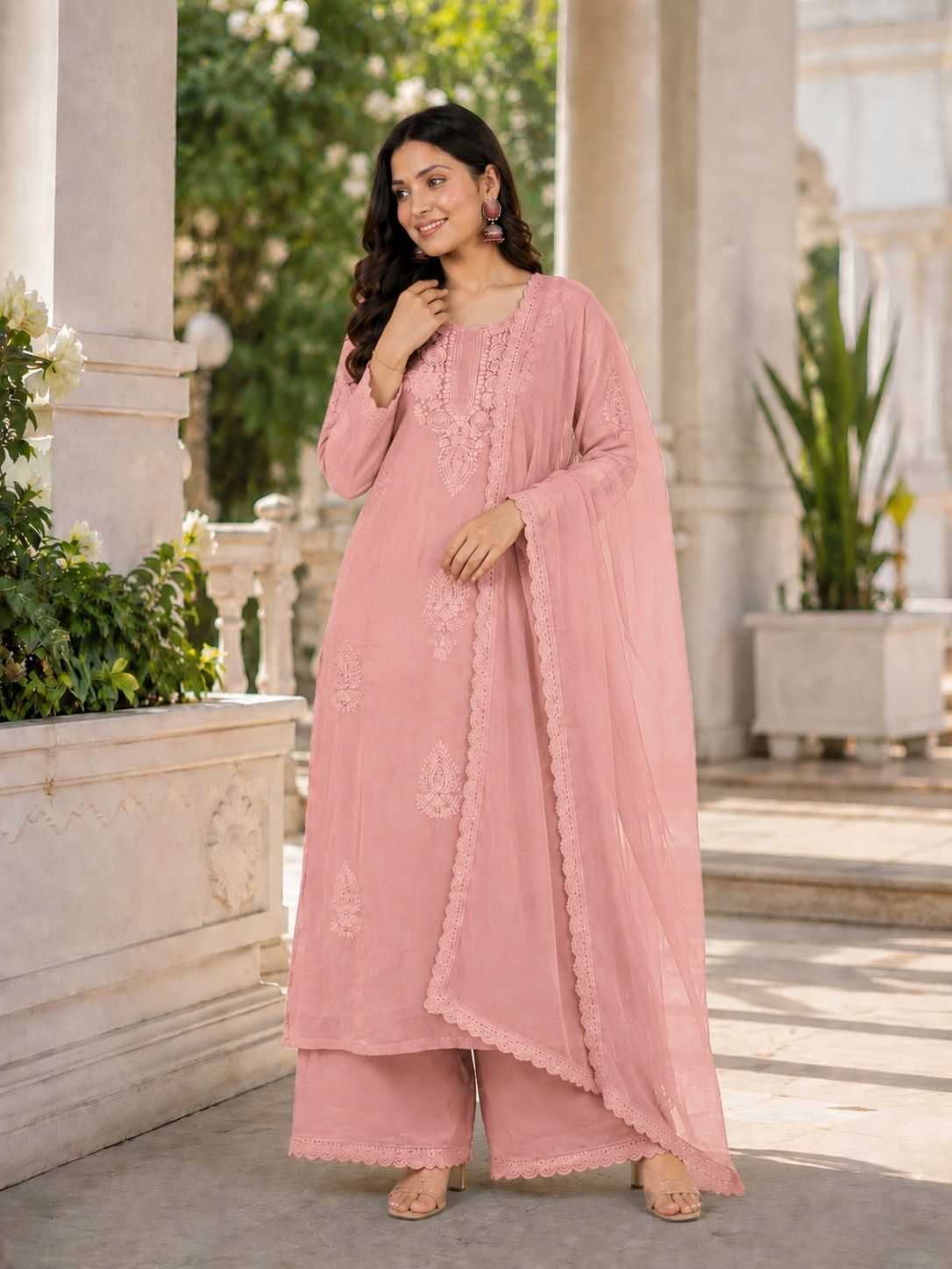 Faux Georgette Embroidered Suit (Peach)- UNV-ST-005
