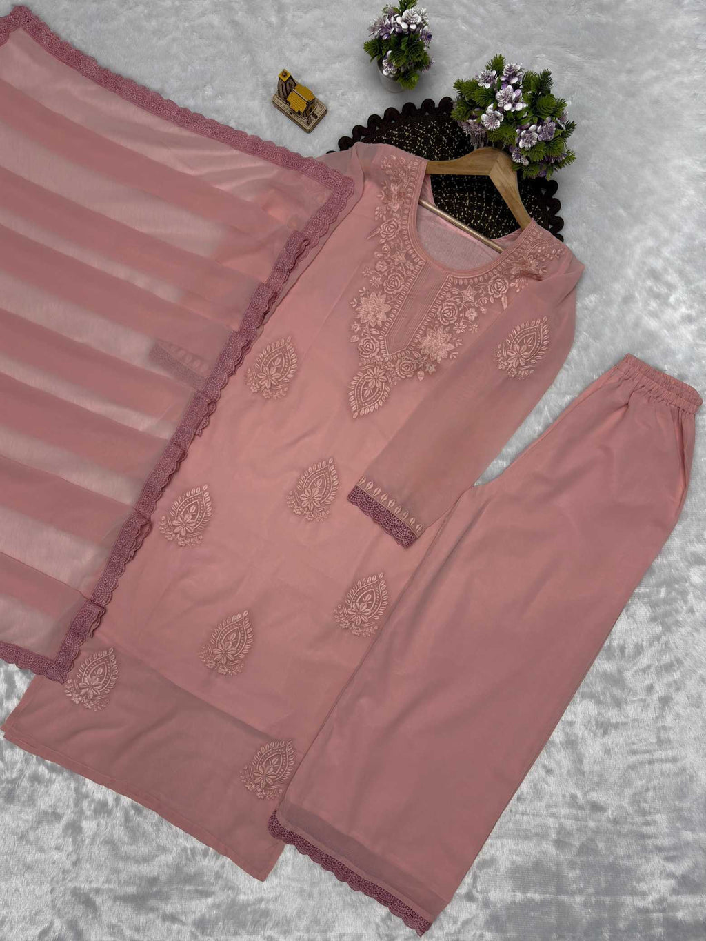Faux Georgette Embroidered Suit (Peach)- UNV-ST-005