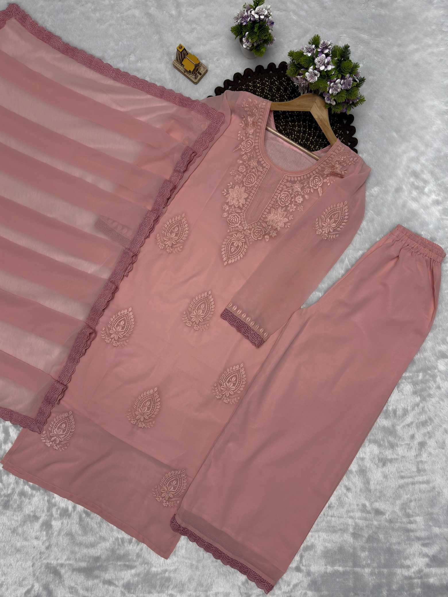 Faux Georgette Embroidered Suit (Peach)- UNV-ST-005