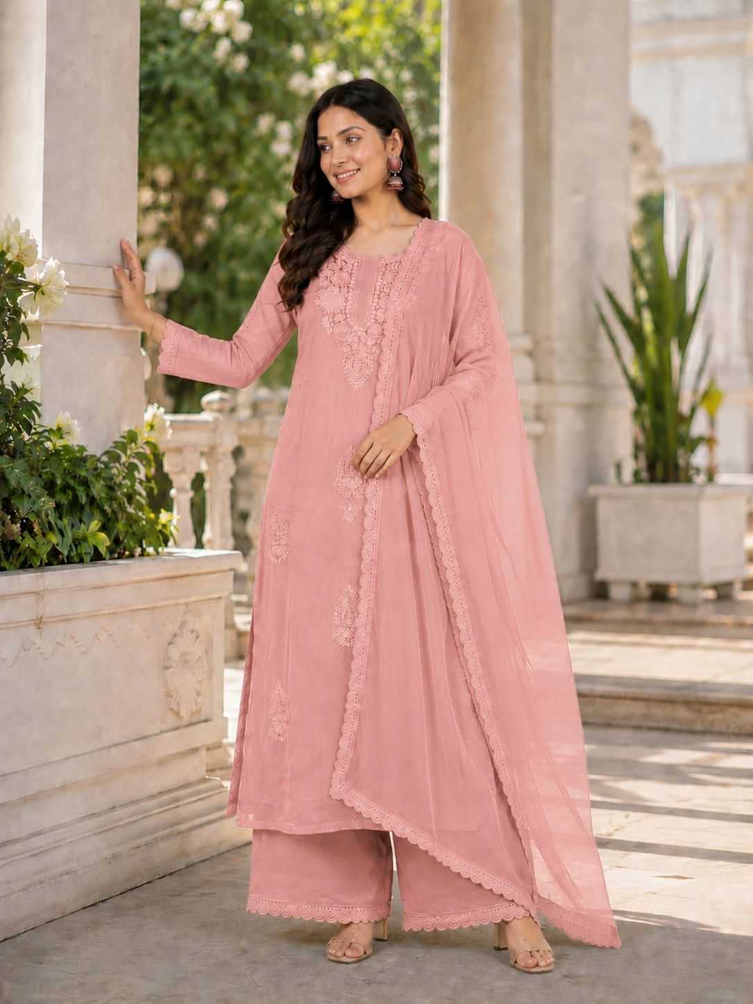 Faux Georgette Embroidered Suit (Peach)- UNV-ST-005