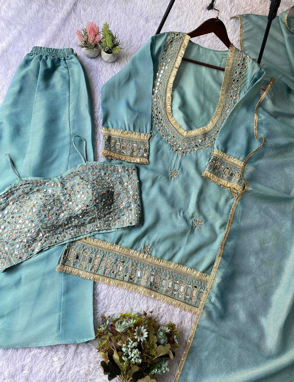 Designer Embroidered Plazzo Suit (Sky) UNV-ST-001