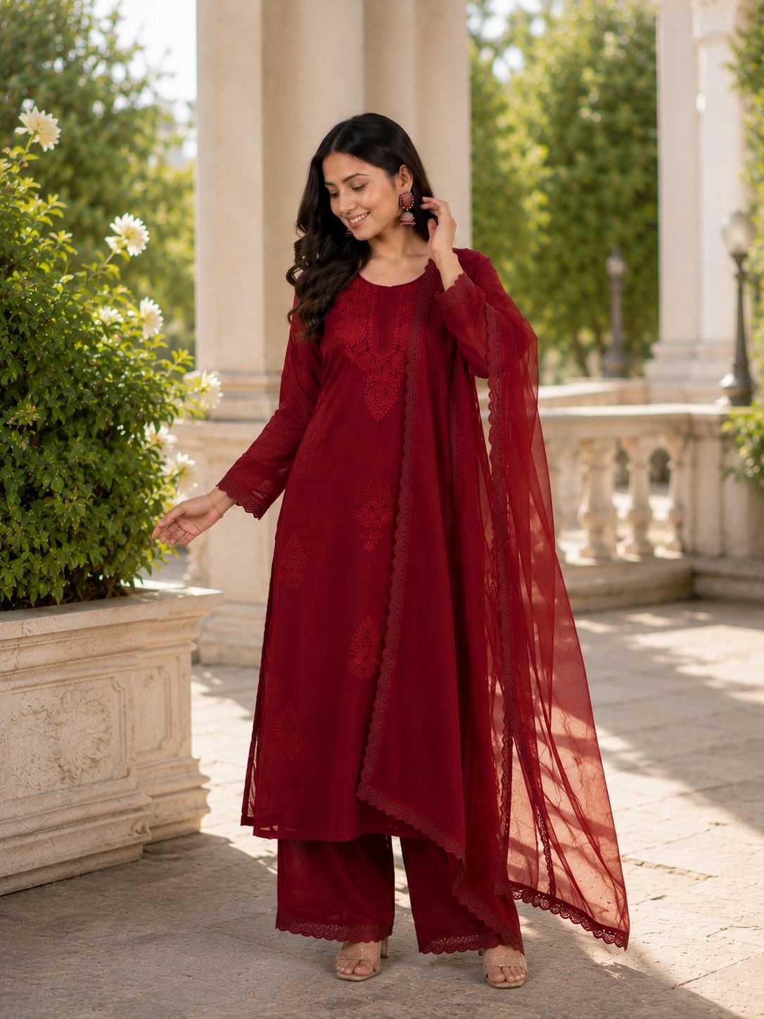 Faux Georgette Embroidered Suit (Maroon) UNV-ST-005