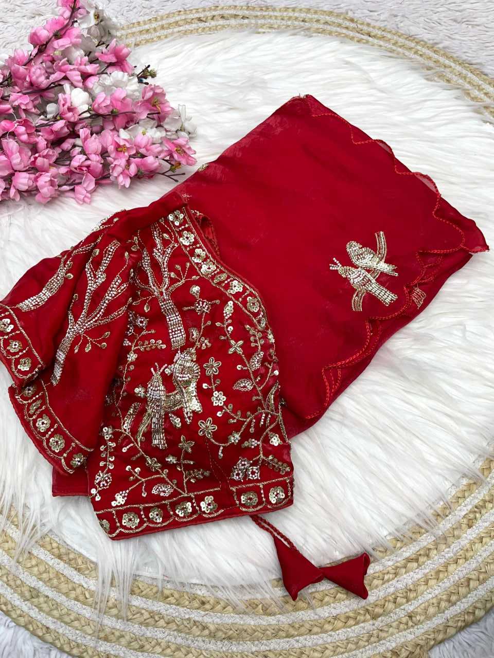 Handwork Cutwork satin Saree (Red) UNV-SR-019
