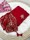 Handwork Cutwork satin Saree (Red) UNV-SR-019