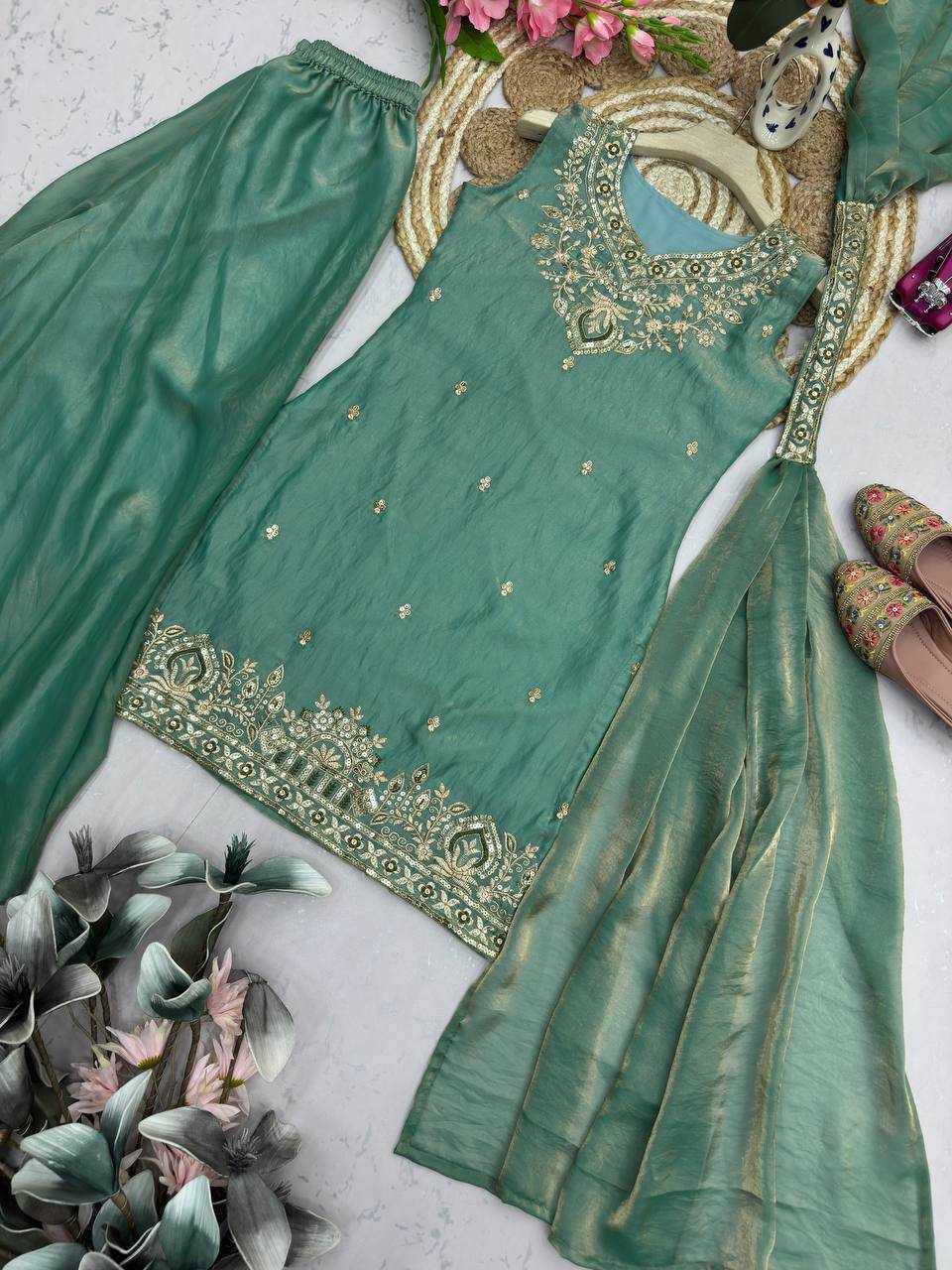Fendy Embroidered Sharara Salwar Suit (Pista) UNV-ST-034