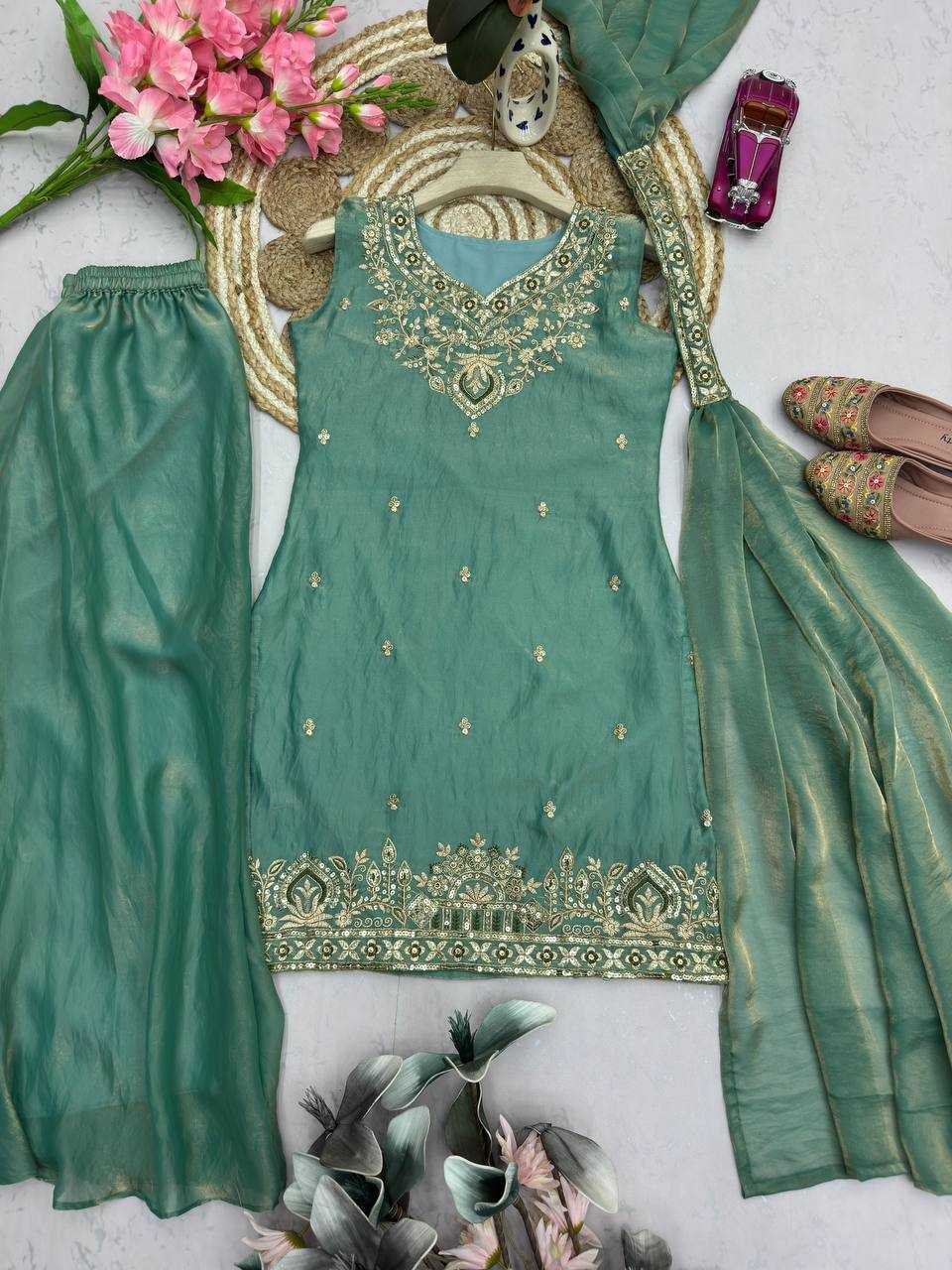 Fendy Embroidered Sharara Salwar Suit (Pista) UNV-ST-034