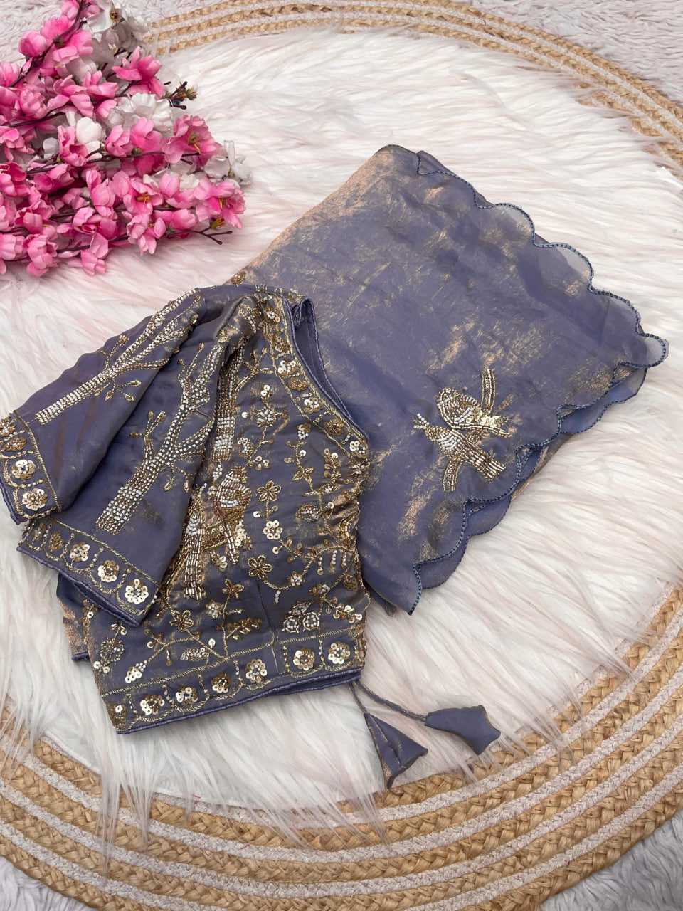 Handwork Cutwork satin Saree (Grey) UNV-SR-019