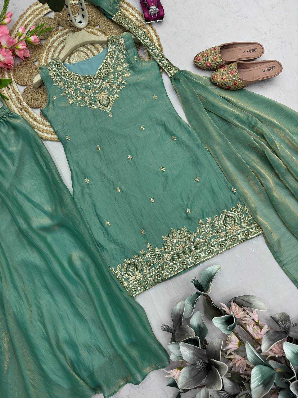 Fendy Embroidered Sharara Salwar Suit (Pista) UNV-ST-034