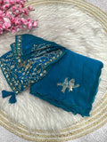 Handwork Cutwork satin Saree (Sky Blue) UNV-SR-019