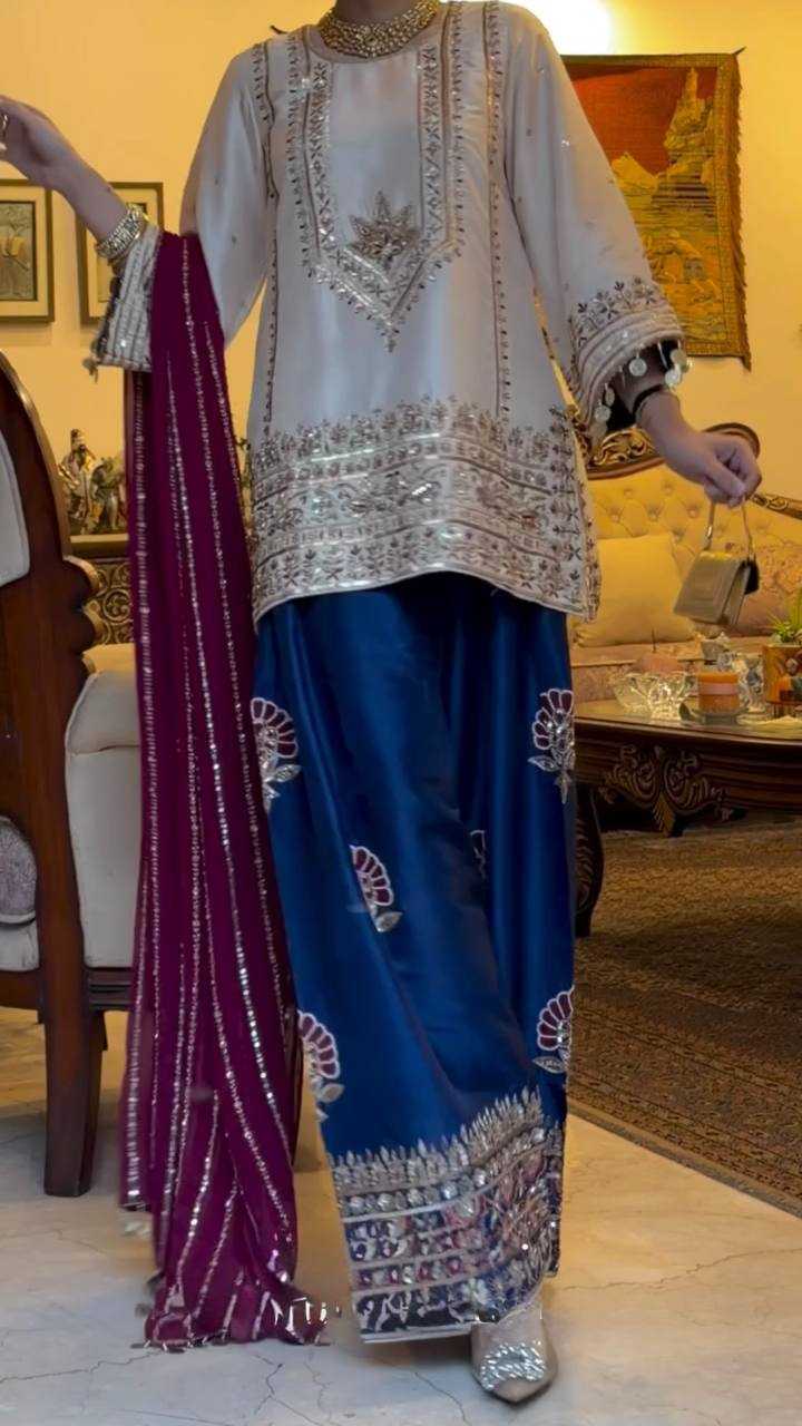 Heavy Embroidered Sharara Salwar Silk Suit (Firozi) UNV-ST-035