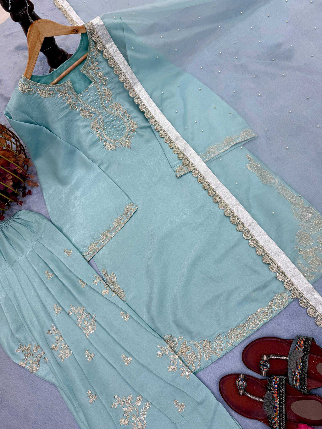 Heavy Roman Silk Embroidered Palazzo Suit UNV-ST-032