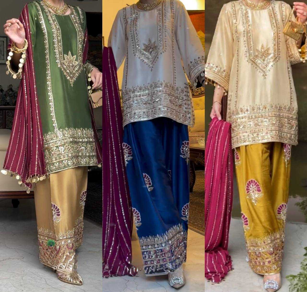 Heavy Embroidered Sharara Salwar Silk Suit (Beige) UNV-ST-035