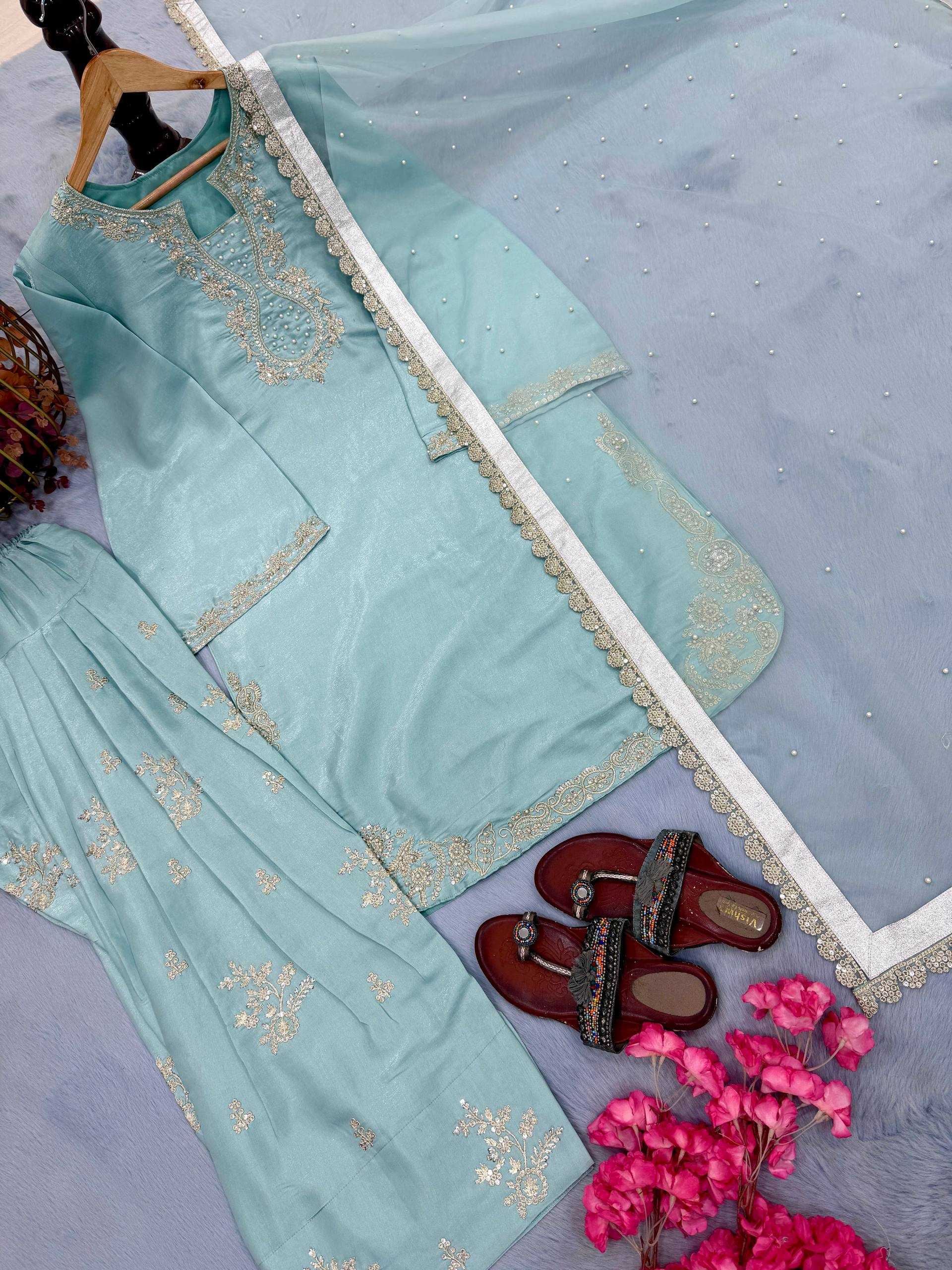 Heavy Roman Silk Embroidered Palazzo Suit UNV-ST-032