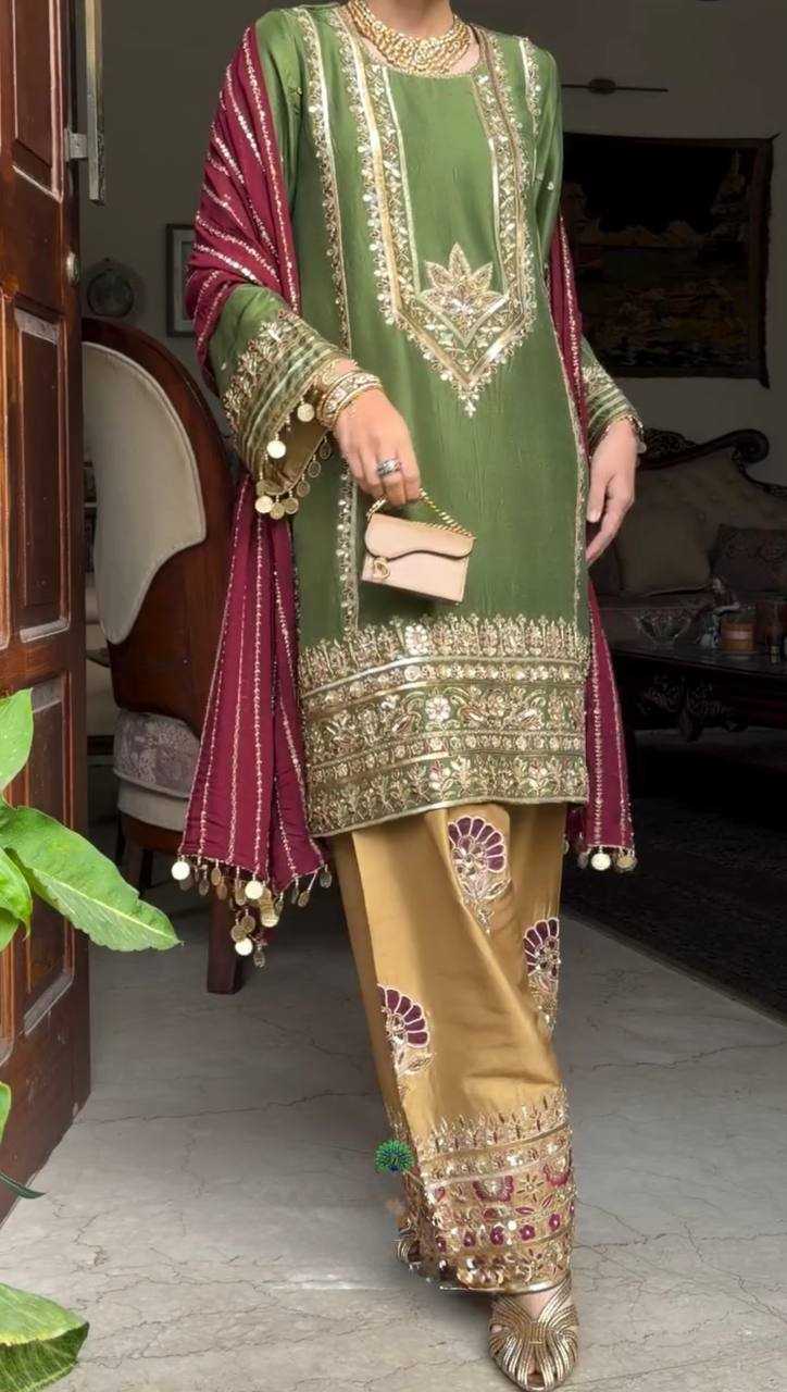 Heavy Embroidered Sharara Salwar Silk Suit (Bottle Green) UNV-ST-035