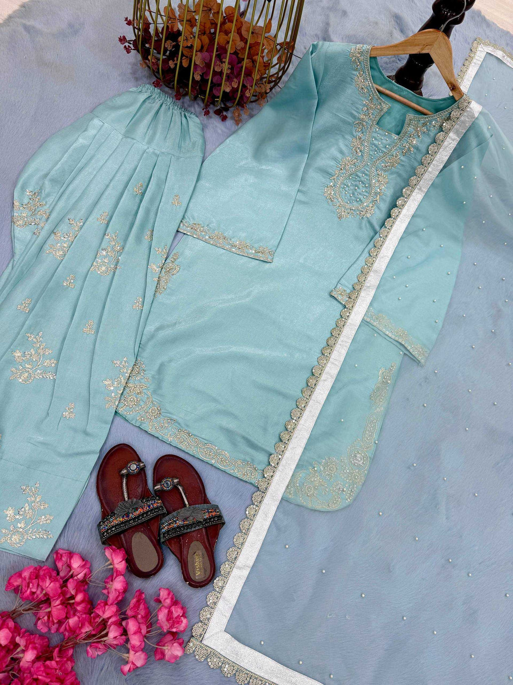 Heavy Roman Silk Embroidered Palazzo Suit UNV-ST-032