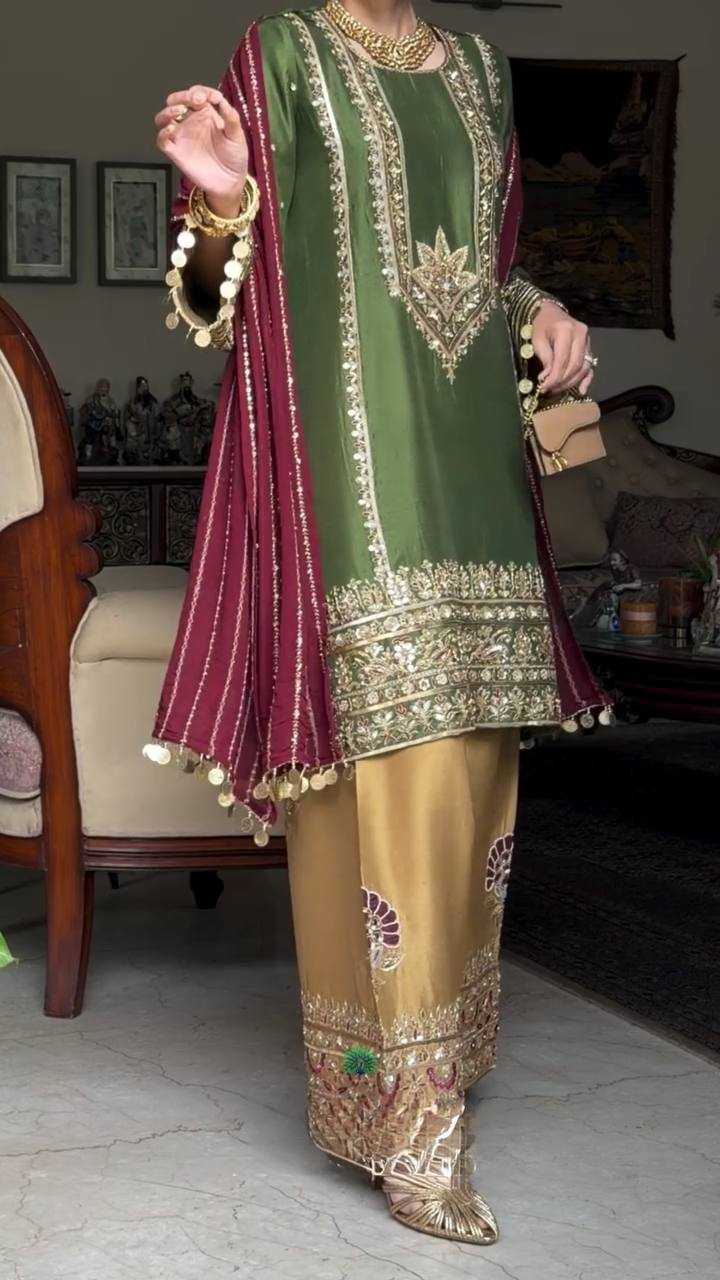 Heavy Embroidered Sharara Salwar Silk Suit (Bottle Green) UNV-ST-035