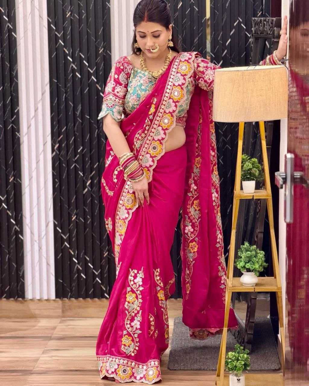 Rangoli Silk Sequine Embroidered Saree (Rani) UNV-SR-024