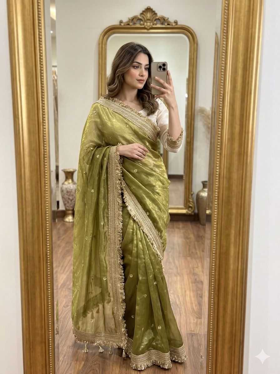 Satin Designer Ghazal saree (Mehndi) UNV-SR-022