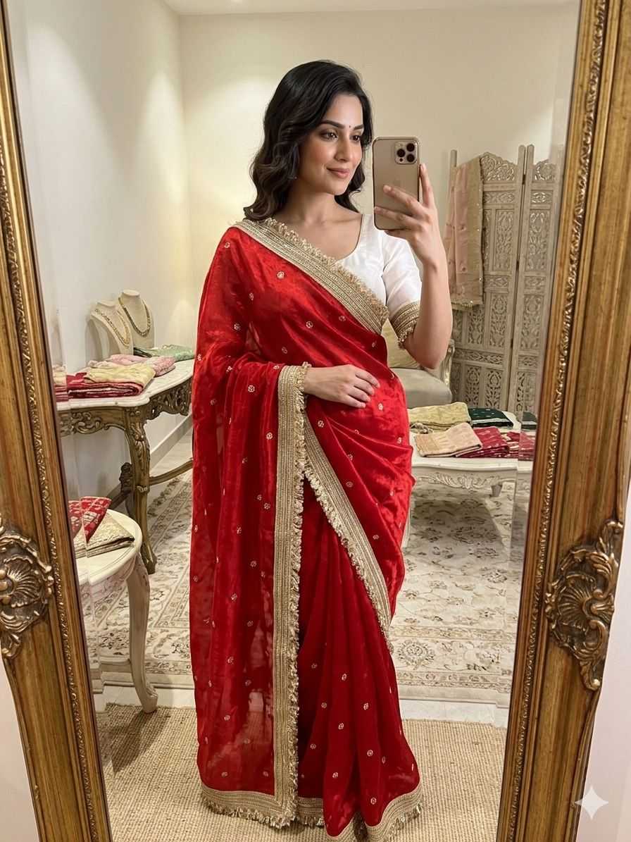 Satin Designer Ghazal saree (Red) UNV-SR-022