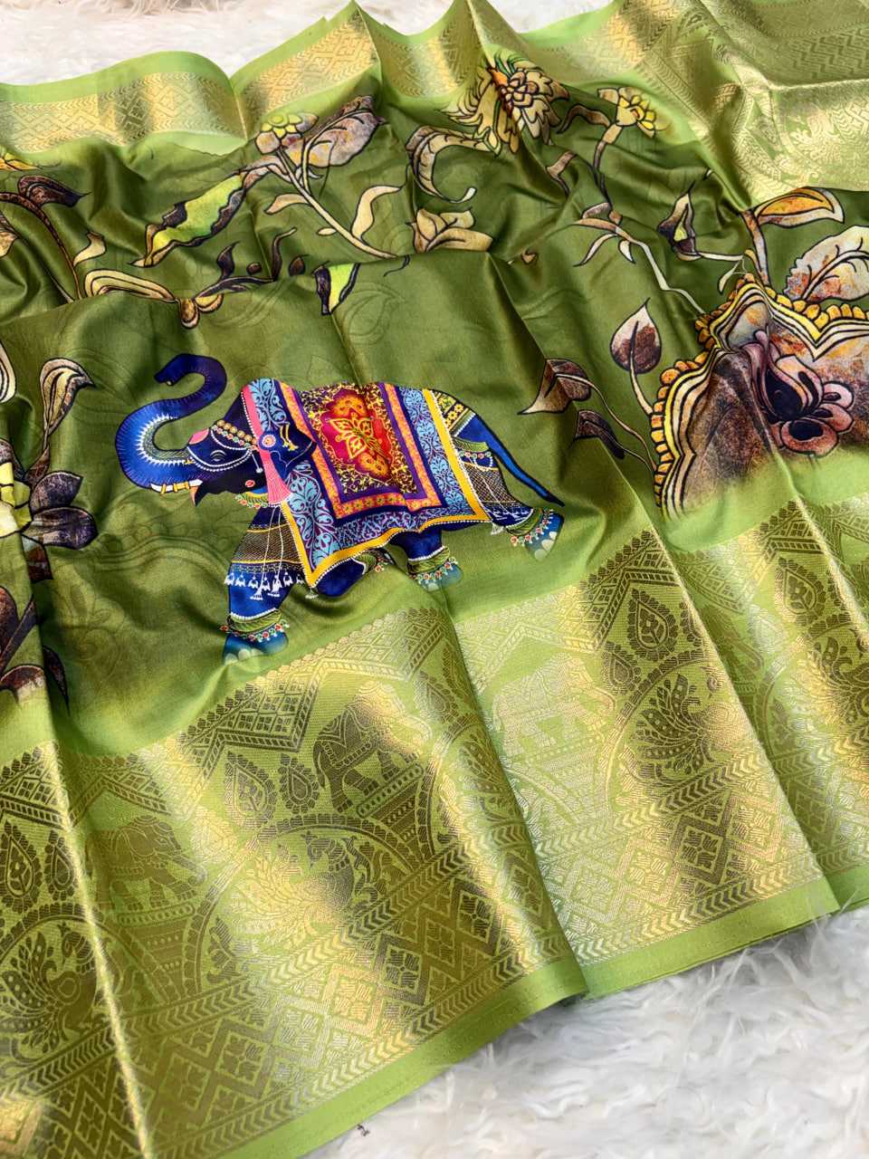 Printed Kalamkari zari Saree (Mehndi) UNV-SR-017