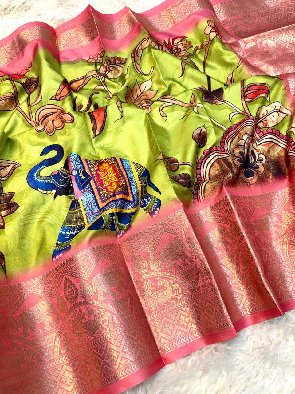 Printed Kalamkari zari Saree (Yellow Sea) UNV-SR-017